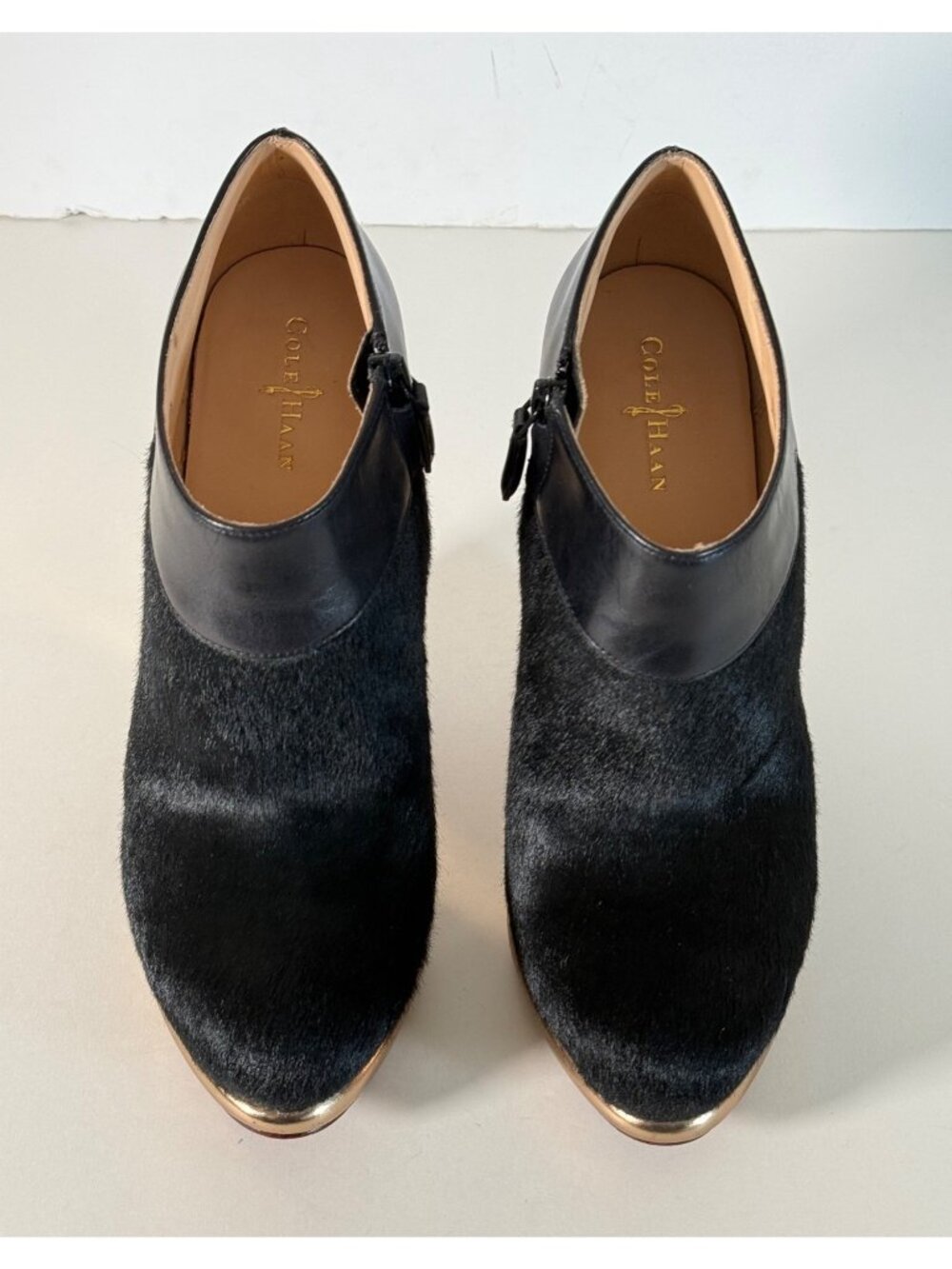 COLE HAAN Sophie Calf Hair Black Leather Ankle Booties Gold Heel